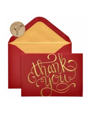 New! Papyrus Red and Gold Foil Embossing Thank You Card with Gold-Lined Envelope
